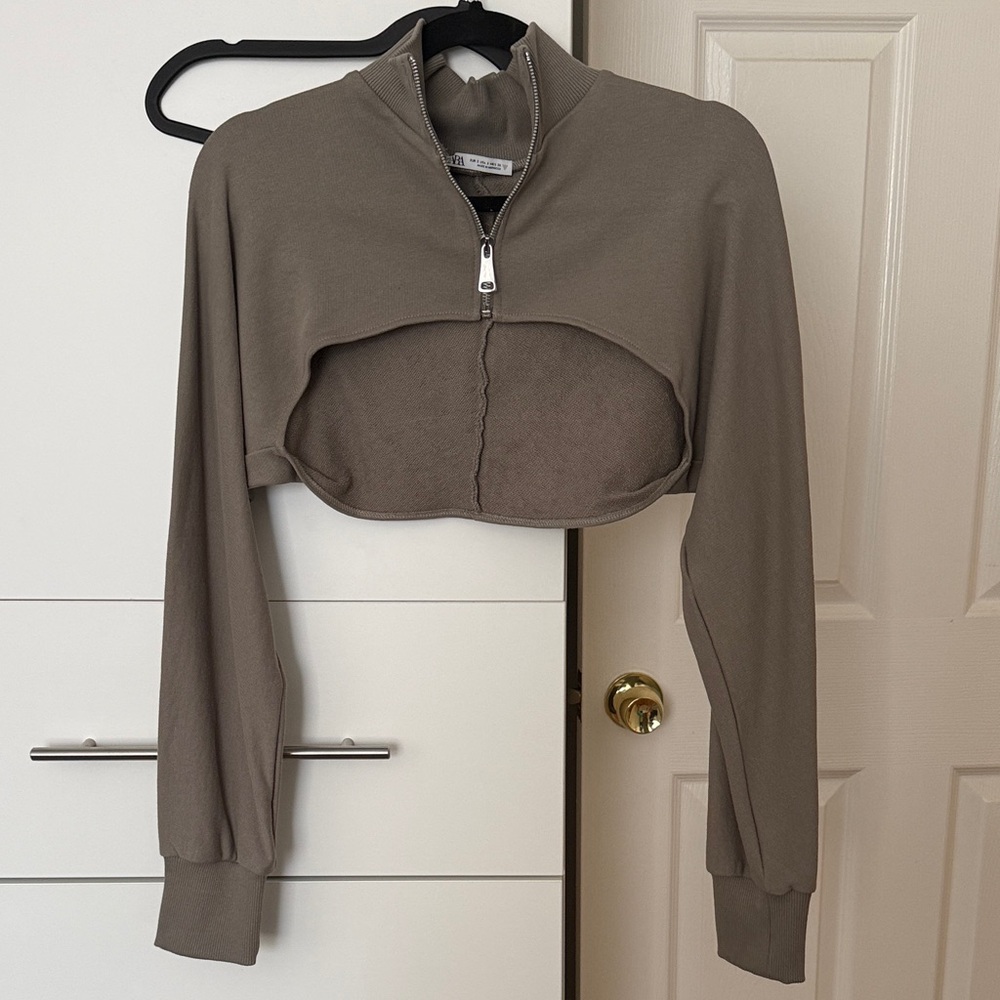 Zara Cropped Half-Zip Pullover in Taupe